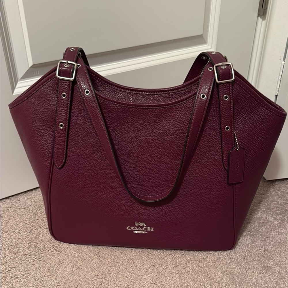 Coach Deep Berry Meadow Leather Tote Bag with Silver Hardware